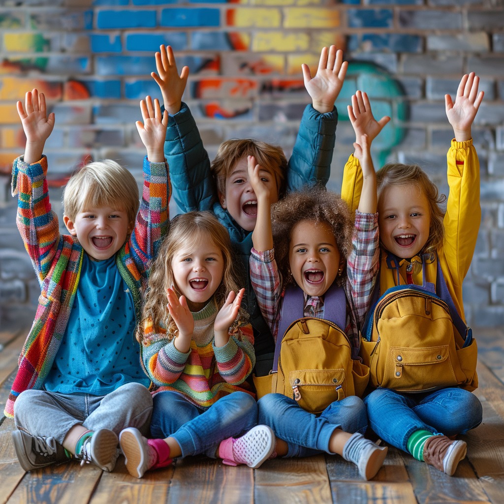 Fröhliche Kinder mit Schulrucksäcken